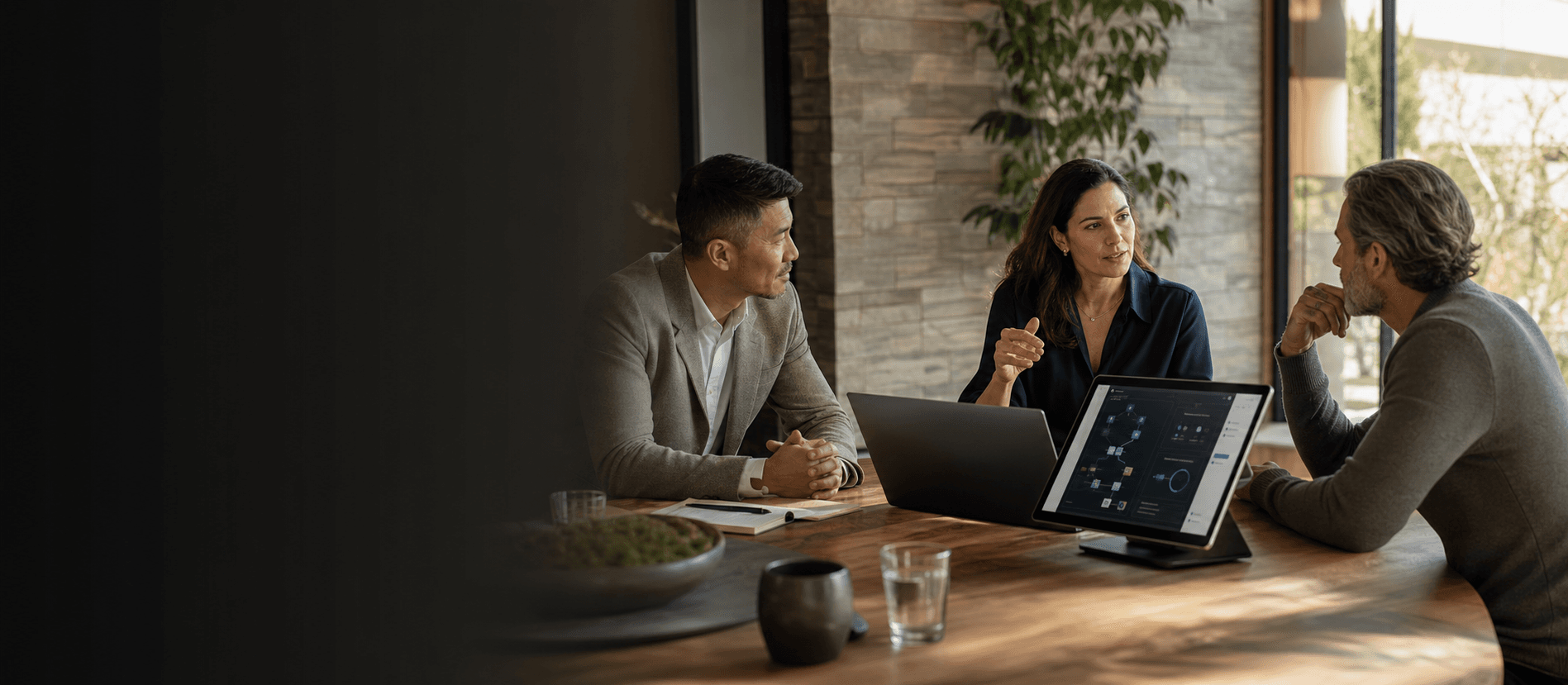 Business leaders working with a Nuvexis strategist on a connected digital and AI plan.